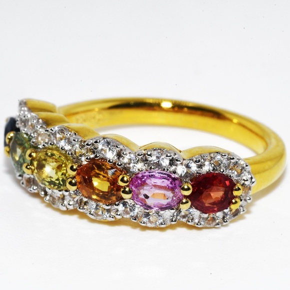 $395 .925 Sterling Silver 1.11CT Natural Multi Color Sapphire & Topaz Ring - Picture 2 of 7